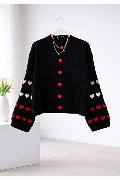 MODA VEDAT Women's Sleeve Heart Detailed Knitwear Cardigan -0280 (Cardigan with Wide Sleeves)