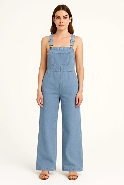 BLACK MODBLACK Women's Chambray Light Blue Denim Look Wide-Leg Salopet Jumpsuit - Blue