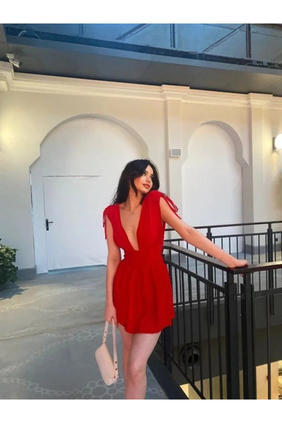 BLACK MODBLACK Shirt Dress with Shoulder Straps and Shorts - Red