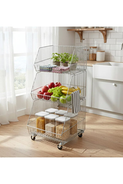 SLLER 3 Katlı Portatif Tekerlekli Metal Tel Sepet Standı-Çok Amaçlı Düzenleyi...