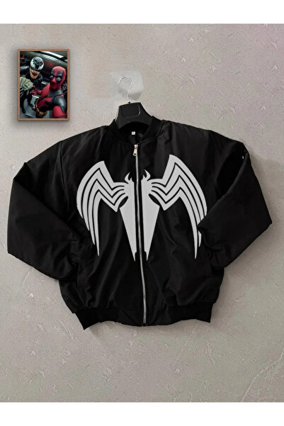 BLACK MODBLACK Unisex Black Bomber Jacket – with Venom White Spider Logo, Zip...