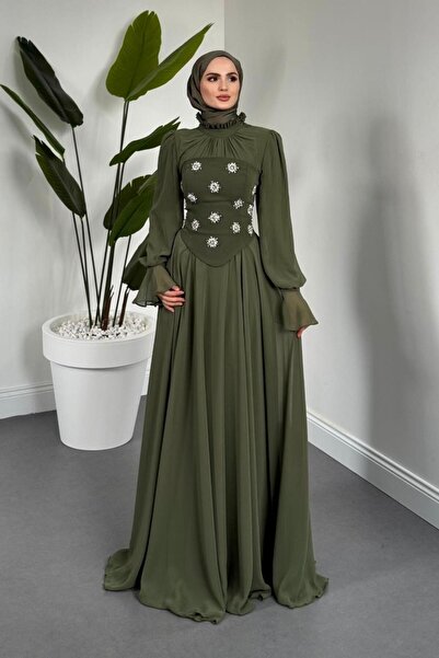 MERVEN AKYÜZ Lumiere Seyyar Korseli Şifon Abiye Kına Yeşili