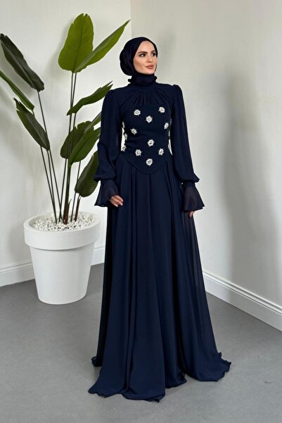 MERVEN AKYÜZ Lumiere Seyyar Korseli Şifon Abiye Lacivert