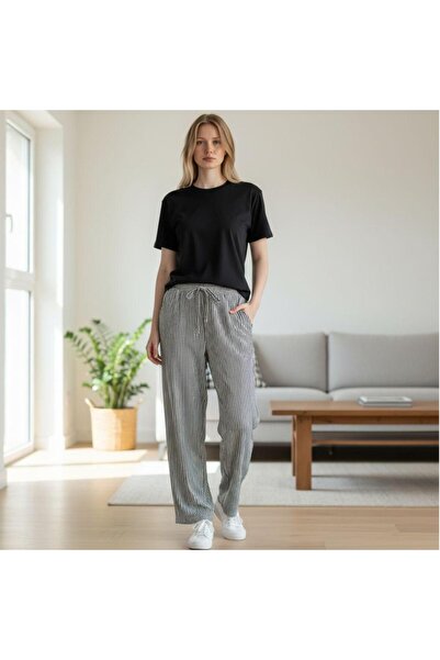 GÖMLEK GALERİSİ Women's Cotton Striped Elastic Waist Sports Pants Standard Si...