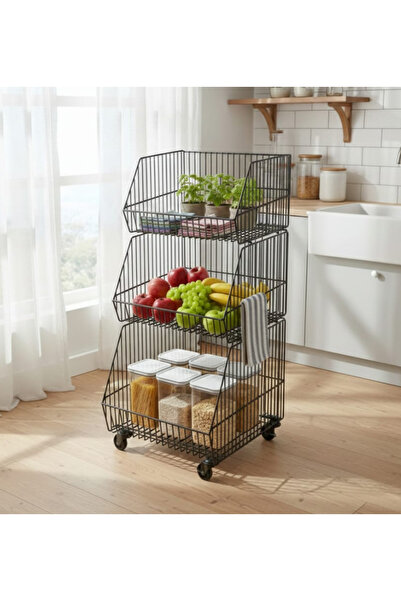 SLLER 3 Katlı Portatif Tekerlekli Metal Tel Sepet Standı-Çok Amaçlı Düzenleyi...