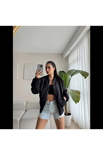 BLACK MODBLACK Women's Black Bomber Jacket – Oversize Comfortable Fit, Zippered Pockets, Suitable for Daily Combinations