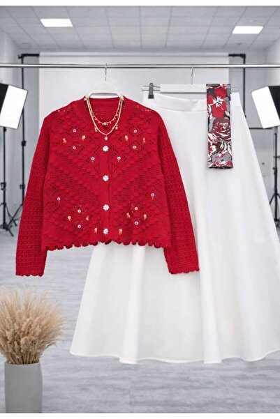 MODA VEDAT Women's Floral Detailed Knitwear Cardigan Skirt Set (the Cardigan and Skirt Are Sent as 2 Pieces)
