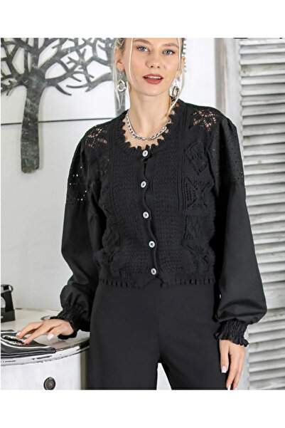 jöns since 1997 Women's Buttoned Sleeve Poplin Short Cotton Black Knit Cardigan