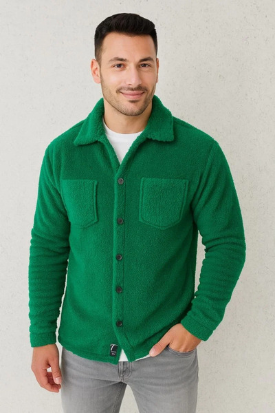 BLACK MODBLACK Men's Plush Fleece Cardigan Shirt – with Collar, Buttoned, wit...