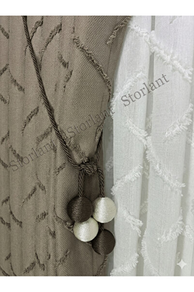 Storlant Puffy Linear Textured Brown Background Curtain L Frequent Pleats L Preferred L with Accessory Gift