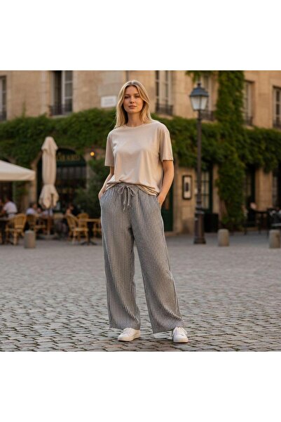 GÖMLEK GALERİSİ Women's Cotton Striped Elastic Waist Sports Pants Standard Si...