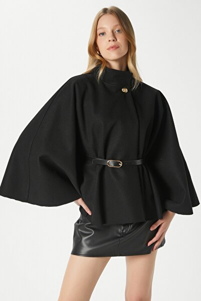 Ritnice Women's Kayla Gold Buttoned Belted Black Cashmere Poncho