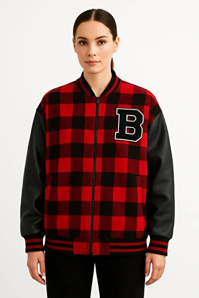 BLACK MODBLACK Women's College Jacket – Checked Woodcutter Fabric, Leather Look Sleeves, Zippered, Inner Quilted Lining