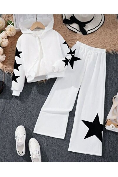 Kids Beyaz Yıldız Baskılı Croplu 2 li Takım 2 iplik Alt Üst Takım