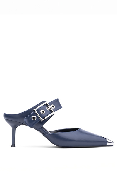 MARY Thin Heeled Buckle Mule Shoes with Metal Tip Detail