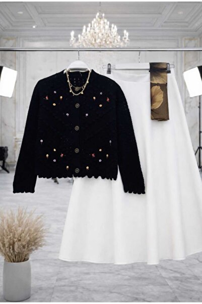 MODA VEDAT Women's Floral Detailed Knitwear Cardigan Skirt Set (the Cardigan and Skirt Are Sent as 2 Pieces)