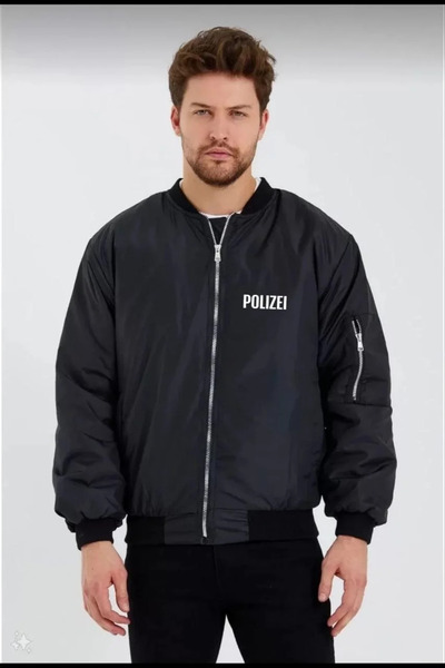 BLACK MODBLACK Men's Black Bomber Jacket – with Polizei Writing, Zippered Poc...