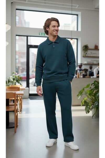 LiyAdaCo Men's Polo Neck Buttoned Petrol Blue Baggy Tracksuit Set - Bottom Top 3 Thread Premium Set