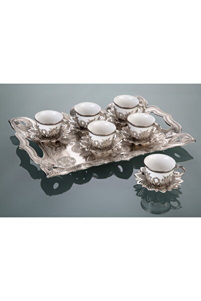 KT HOME Silver White 6-Piece Coffee Set, Arabic Moroccan Tea Set with Tray Espresso Cups Ottoman Coffee Set