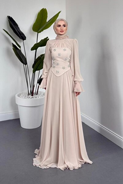 MERVEN AKYÜZ Lumiere Seyyar Korseli Şifon Abiye Taş