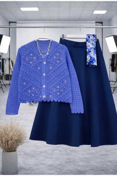 MODA VEDAT Women's Floral Detailed Knitwear Cardigan Skirt Set (the Cardigan and Skirt Are Sent as 2 Pieces)