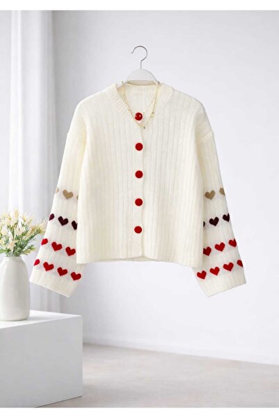 MODA VEDAT Women's Sleeve Heart Detailed Knitwear Cardigan -0280 (Cardigan with Wide Sleeves)
