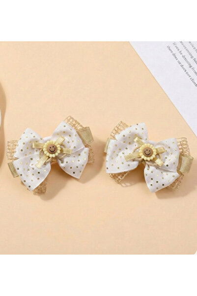 ESİLA KİDS Girl's Hair Clip Set of 2 White Gold Polka Dot Bow Smiley Face Flower