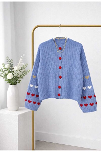 MODA VEDAT Women's Sleeve Heart Detailed Knitwear Cardigan -0280 (Cardigan with Wide Sleeves)