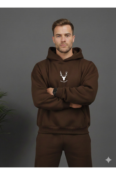 ALİ.COM Three Thread Hooded Inside Cotton Lucky to Meet You B Printed O Oversized Sweatshirt