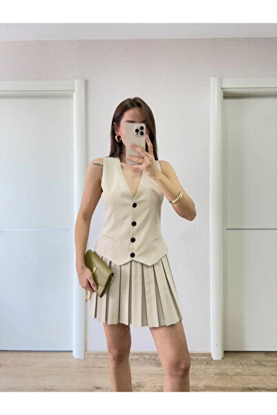 BLACK MODBLACK Chain ​​Suit Look Button Detail Vest Set Mini Dress - Beige
