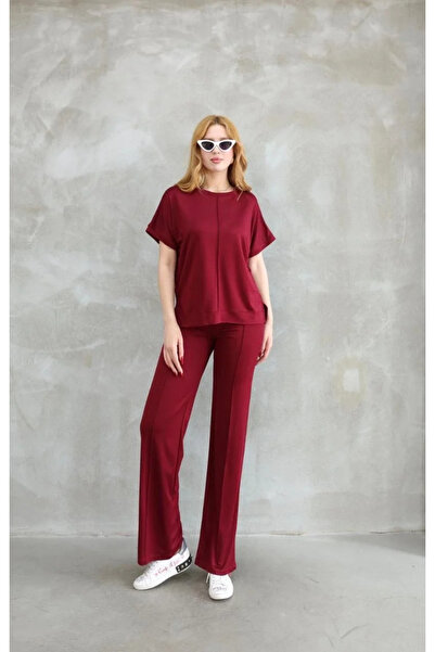 BLACK MODBLACK Osy Modal Soft Textured Fabric Crop Sleeve Short Sleeve Set - Bordo