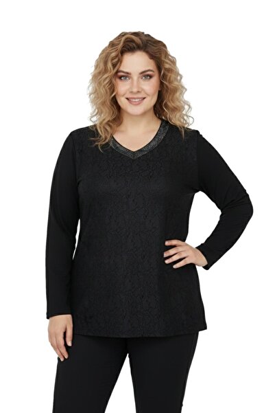 wearon tekstil Women's Black V-Neck Stone Blouse Bgl-St05149