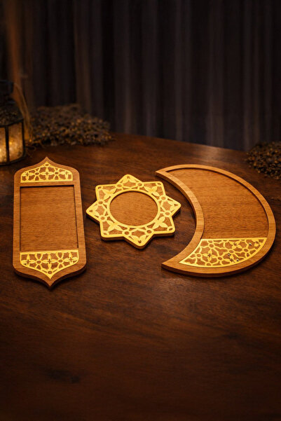 MUSK STORE Set of 3 Wooden Plates – Bpa Free, Brown, Geometric Design