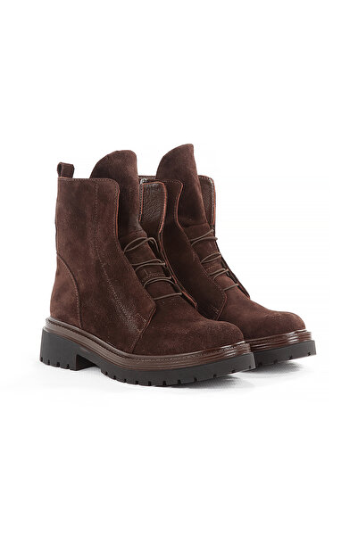Genuine Leather Brown Suede Stylish Casual Women's Boots with SHOES Laces and Zipper Detail