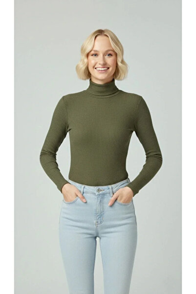 BLACK MODBLACK Women's Full-Necklined Ribbed Lycra Casco Ribbed Knit Thin Long-Sleeve Comfortable Sweater - Khaki