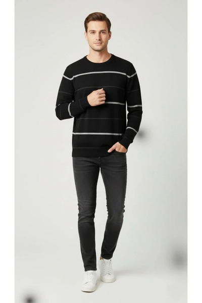 BLACK MODBLACK Men's Crew Neck Striped Knit Sweater Soft Textured Cotton Thin...