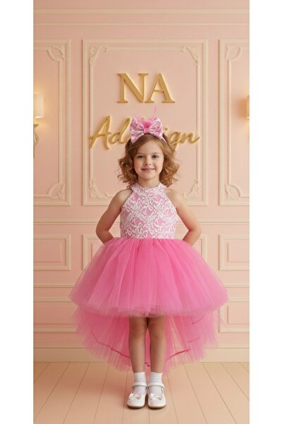 NA ADDESIGN Rochie pentru fetiță cu decolteu cu dantelă, cu design special, căptușită, roz