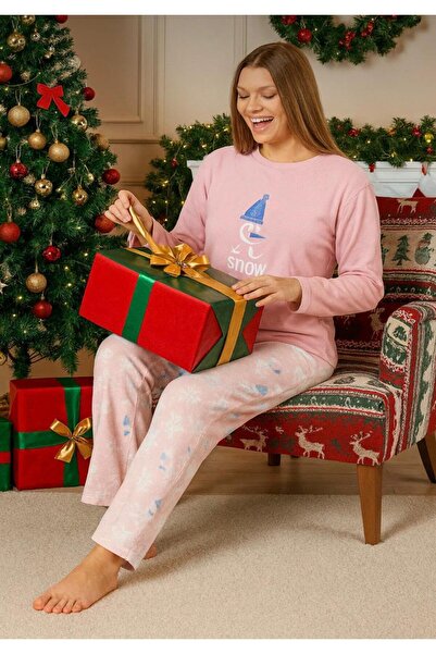 İpek Women's Long Sleeve Crew Neck Snowflake Pattern Thermal Pajama Set