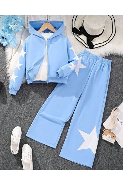 Kids Yıldız Baskılı Croplu 2 li Takım 2 iplik Alt Üst Takım