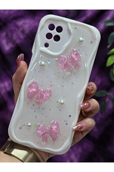Magic Ring Samsung Galaxy A12/M12 Compatible Pink Bow & Pearl Detailed Glittery Epoxy Phone Case