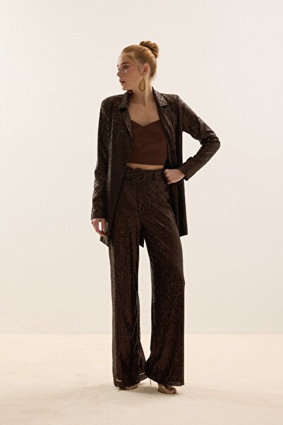 Sateen Belted Sequin Trousers - Brown