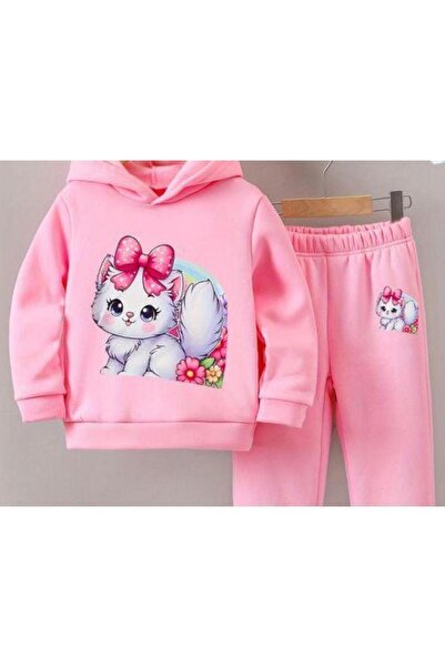 Kids Tatlı Kedi Baskılı Pembe 3 İplik Altı Polarlı Çocuk Alt-Üst Takım