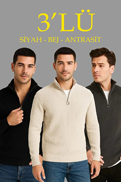 BLACK MODBLACK Men's Ribbed Knitwear Sweater 3-Piece Set – Anthracite, Black, Beige Thick Woven Cotton Regular F �