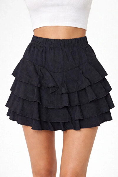 BLACK MODBLACK Women's Black Layered Mini Flawless Skirt with Elastic High Waist, Flawless Design, Comfortable Fit, Everyday �