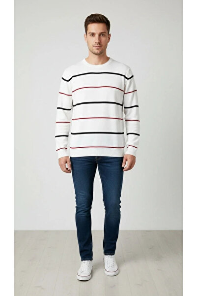 BLACK MODBLACK Men's Crew Neck Striped Knit Sweater Soft Textured Cotton Thin...