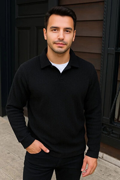 BLACK MODBLACK Men's Ribbed Fleece Sweatshirt – Buttonless Polo Neck, Oversize Relaxed Fit, Thick Fleece Sand