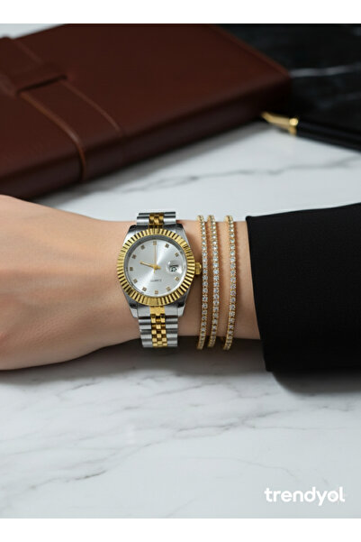 Goldwatches Women's Watch Steel Gold Silver 34mm Pearlescent White and Green Dial Calendar Jubilee Band Date Just