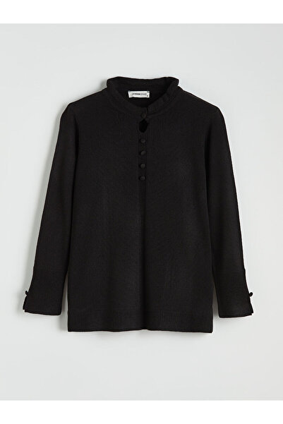 LC Waikiki Black Ruffled Mock Neck Women's Knitwear Sweater