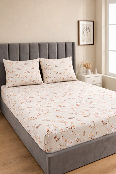 ChicMaison King Size Double Cotton |   Elastic |   Sheet Set |   Beige Ethnic