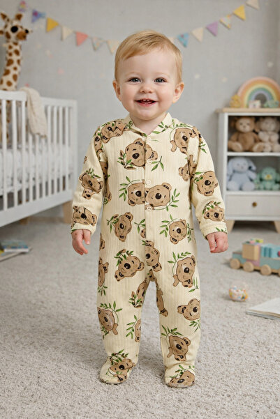 DaphKids Koala Patterned Baby Romper with Booties and Snap Fasteners - Cream